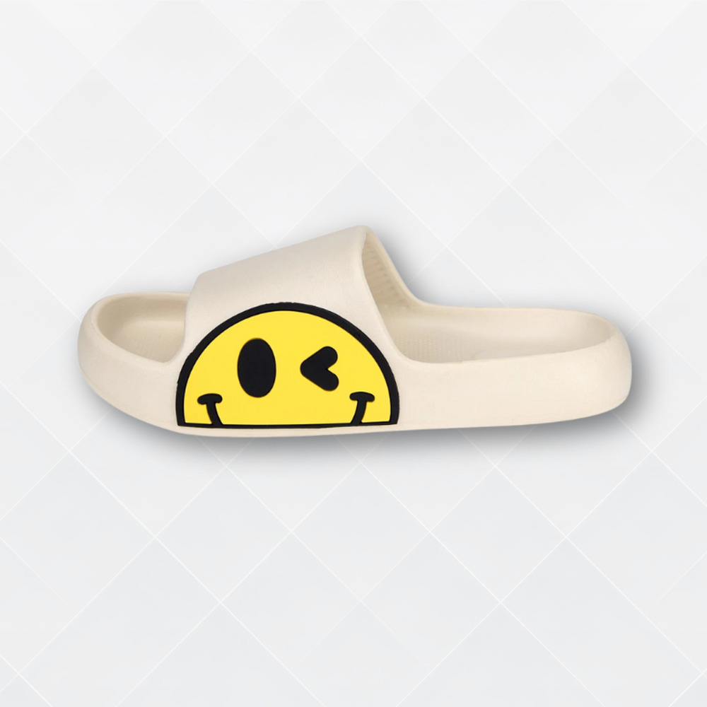 Beige Smiley Cushion Slides, Light, Non-Slip Slippers